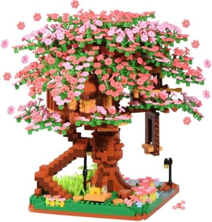 Cherry Blossom Tree Building Block Set for Adult, Cherry Bonsia Treehouse Micro Building Blocks, Japanese Sakura Flowers House Gift Toys for Teens Ages of 14+ 2138PCS