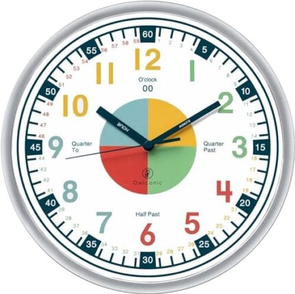 OWLCONIC Non Ticking Kids Clock for Kids Learning to Tell Time, Telling Time Teaching Clock for Kids, Wall Clock Kids, Classroom Clock, Kids Learning Clock, Silent Kids Clocks for Bedrooms.