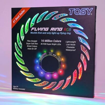 TOSY Flying Ring - 16 Million Color RGB or 12 LEDs, Super Bright, Lost Mode, Auto Light Up, Safe & Soft, Waterproof, Lightweight Frisbee, Birthday, Camping Toy, Easter Gift for Kid/Boy/Girl