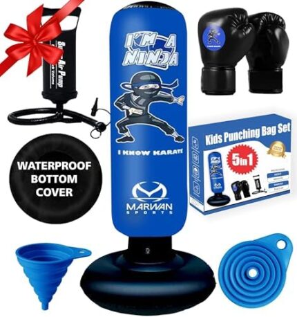 5-in-1 Kids Punching Bag Set – Ultra-Durable, Fast Bounce-Back Inflatable Boxing Bag with Gloves & Air Pump – Exciting & Safe Active Play for Boys Ages 4-12 (Patent Pending)