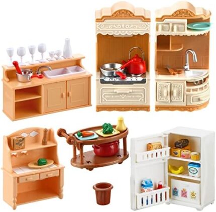 43 Pcs Dollhouse Furniture Kitchen Play Set Miniature Refrigerator with Mini Food Pots and Pans Set Pretend Play Kitchen Accessories Toys