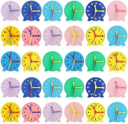 Libima 30 Pieces Tell Time Teaching Clock Kit Time Activity Set Colorful Mini 12/24 Hours Geared Clock for Basic Math Development Supplies, 3.9 Inch