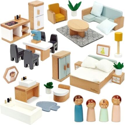 PairPear Wooden Toys Dollhouse Furniture Playset,35 Piece Furnitures with Family Dolls,Doll House Accessories Pretend Play Gift for Girls and Boys 3 Year and Up