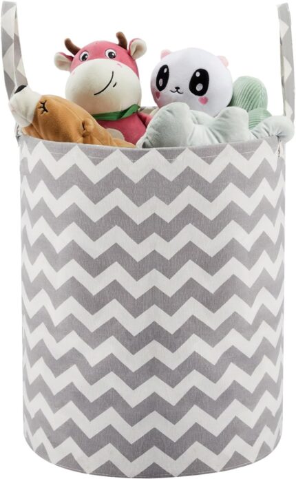 TECHMILLY Baby Laundry Basket with Long Handles, 63L Collapsible Kids Laundry Hamper, Toy Storage Basket for Nursery, Bedroom Decor for Girls and Boys (Grey Chevron)