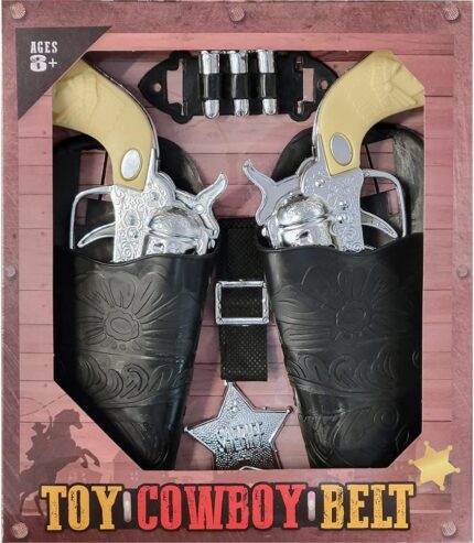 The Dreidel Company Kids Cowboy Toy Gun Holster & Belt 9 Piece Set. 2 Toy Pistols, 1 Sheriff Badge, 2 Gun Holsters & 3 Play Bullets, 1 Old Western Action Belt for Sheriff - Adjustable for Halloween