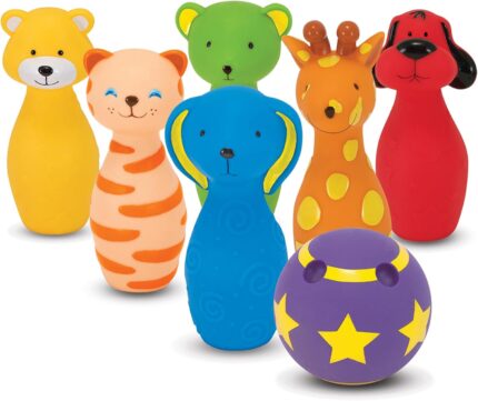 Melissa & Doug K's Kids Bowling Friends Play Set and Game with 6 Pins and Convenient Carrying Case - Indoor Outdoor Bowling Set, Soft Plastic Animal Bowling Pins, Toddler Bowling for Ages 2+
